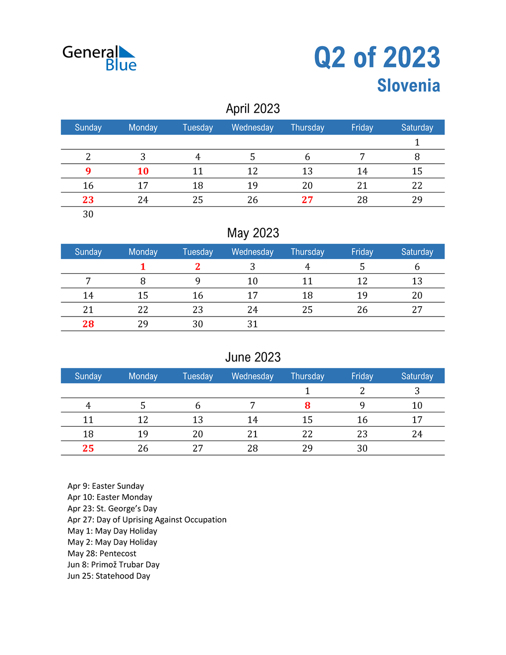  Slovenia 2023 Quarterly Calendar 