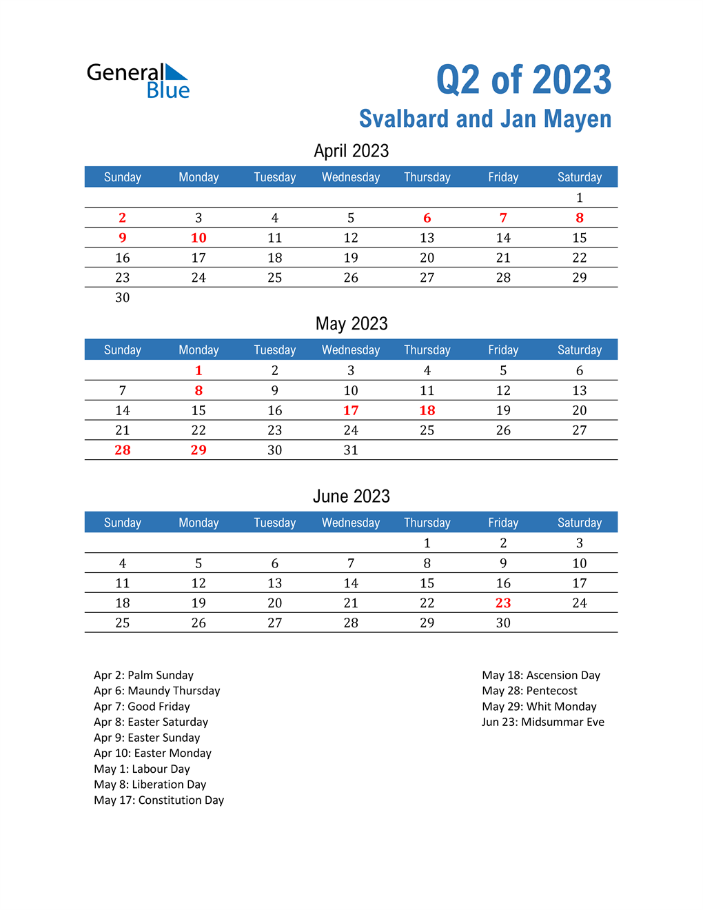  Svalbard and Jan Mayen 2023 Quarterly Calendar 