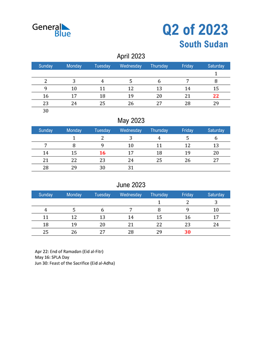  South Sudan 2023 Quarterly Calendar 