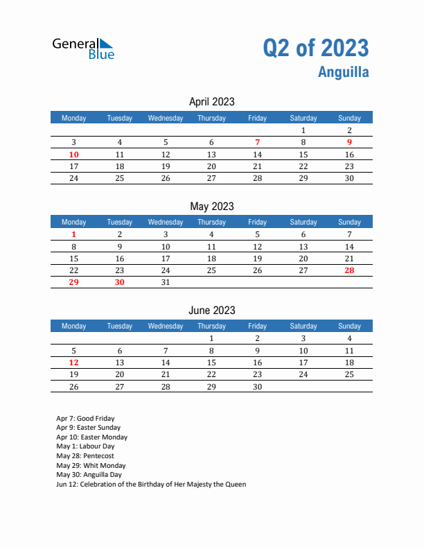 Anguilla 2023 Quarterly Calendar with Monday Start