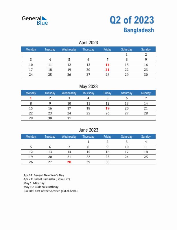 Bangladesh 2023 Quarterly Calendar with Monday Start