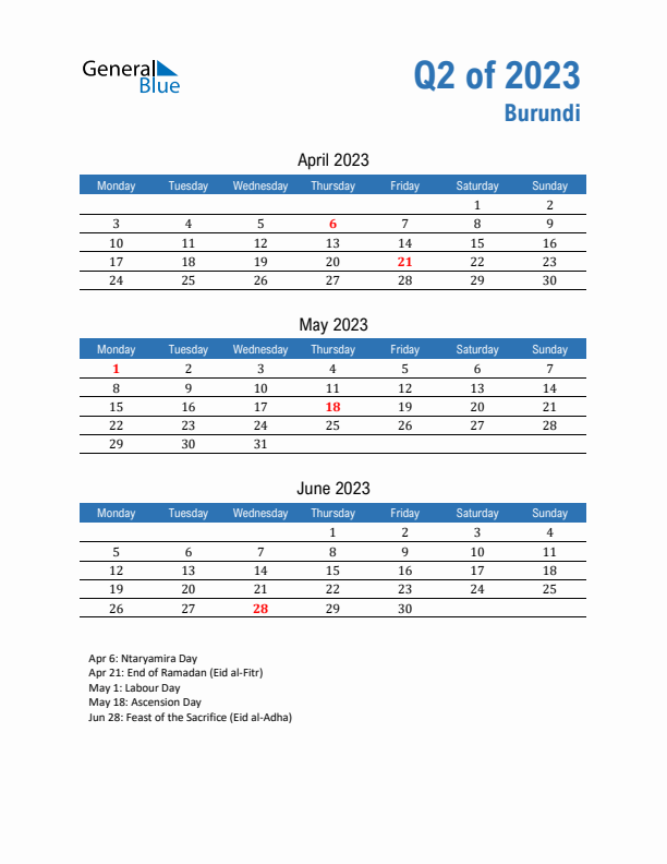 Burundi 2023 Quarterly Calendar with Monday Start