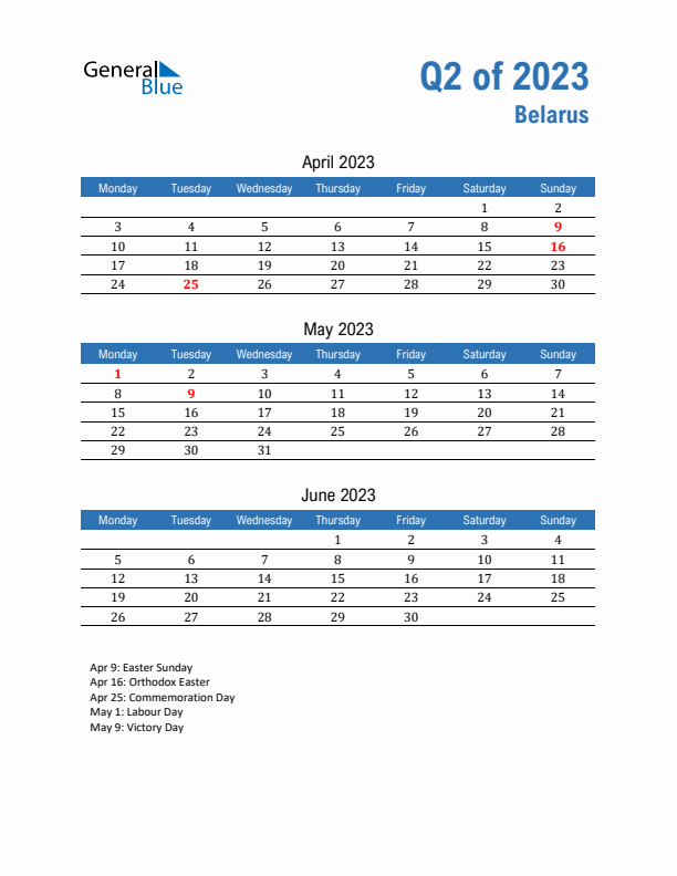 Belarus 2023 Quarterly Calendar with Monday Start