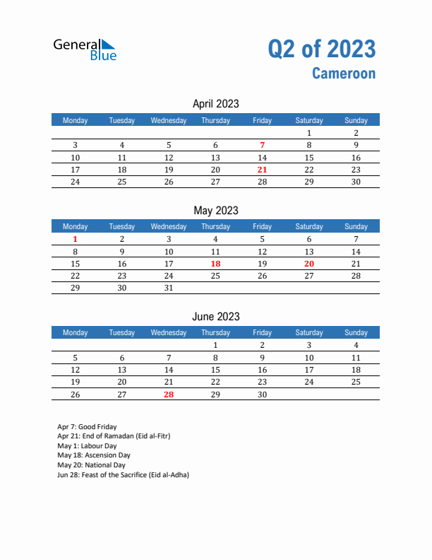 Cameroon 2023 Quarterly Calendar with Monday Start