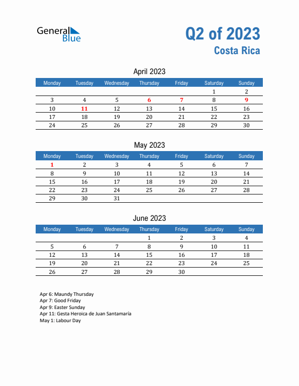 Costa Rica 2023 Quarterly Calendar with Monday Start