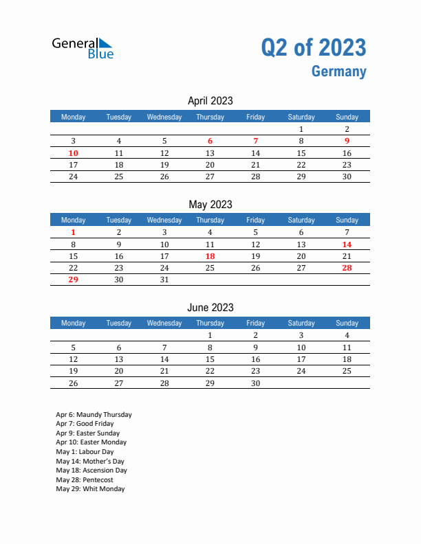 Germany 2023 Quarterly Calendar with Monday Start