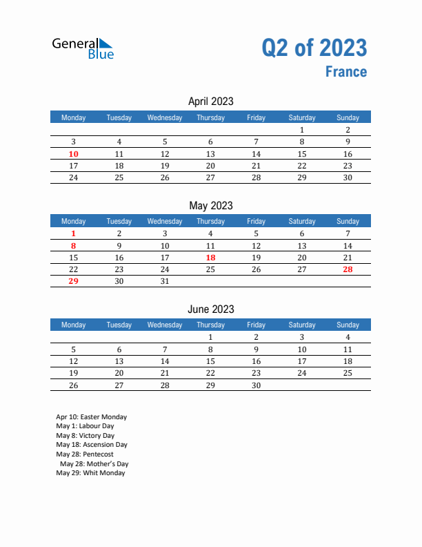 France 2023 Quarterly Calendar with Monday Start