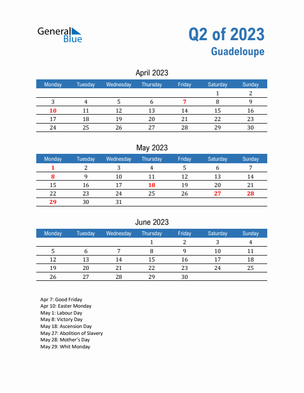 Guadeloupe 2023 Quarterly Calendar with Monday Start