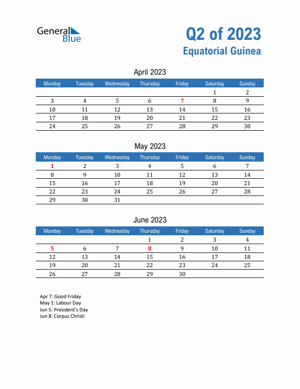 Equatorial Guinea 2023 Quarterly Calendar with Monday Start