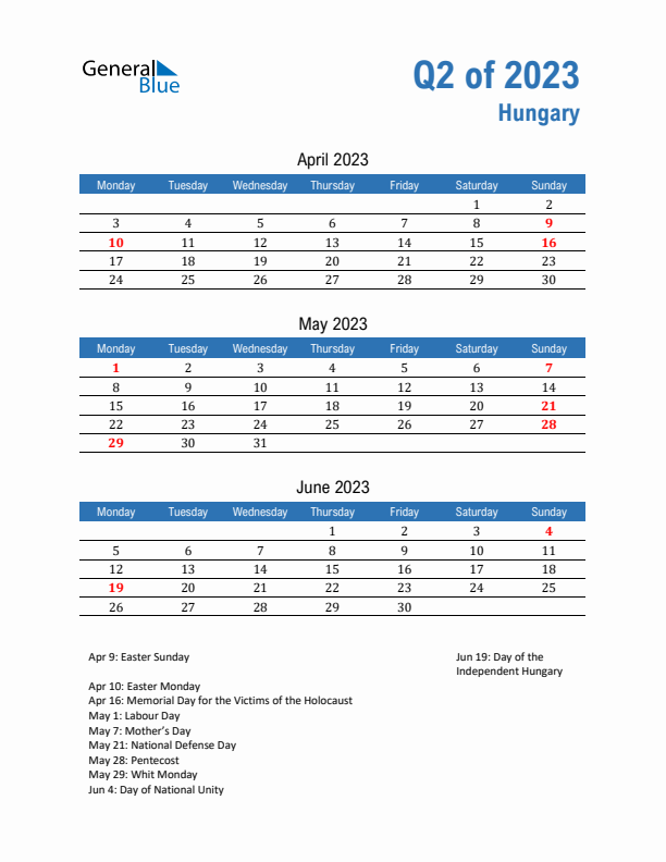 Hungary 2023 Quarterly Calendar with Monday Start