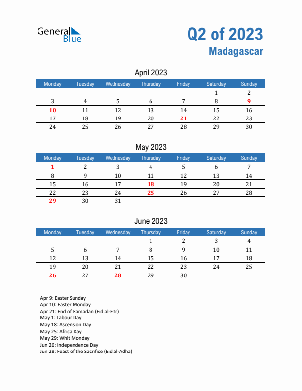 Madagascar 2023 Quarterly Calendar with Monday Start