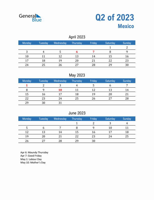 Mexico 2023 Quarterly Calendar with Monday Start
