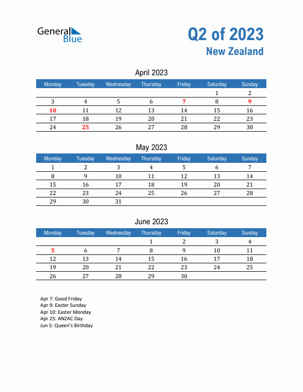 New Zealand 2023 Quarterly Calendar with Monday Start