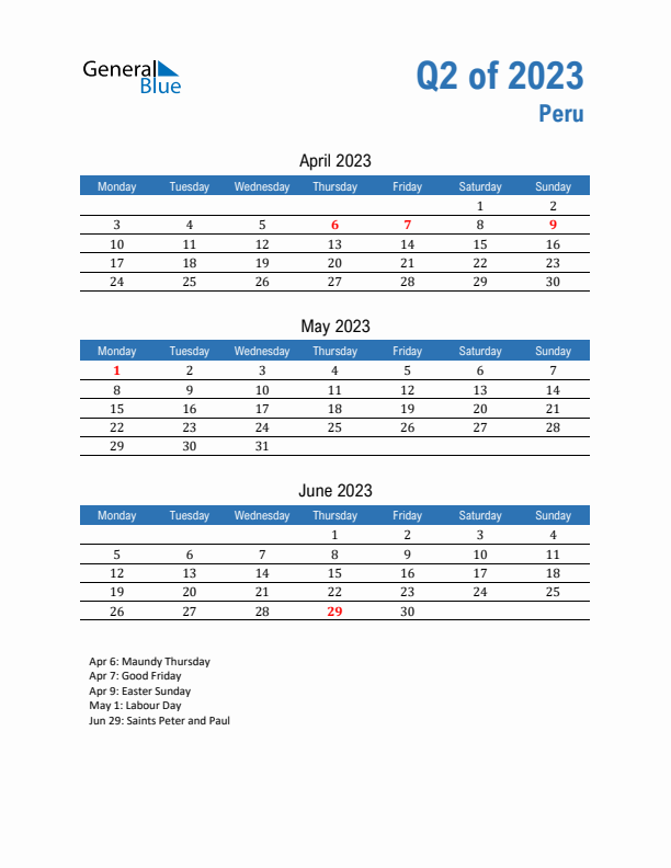 Peru 2023 Quarterly Calendar with Monday Start