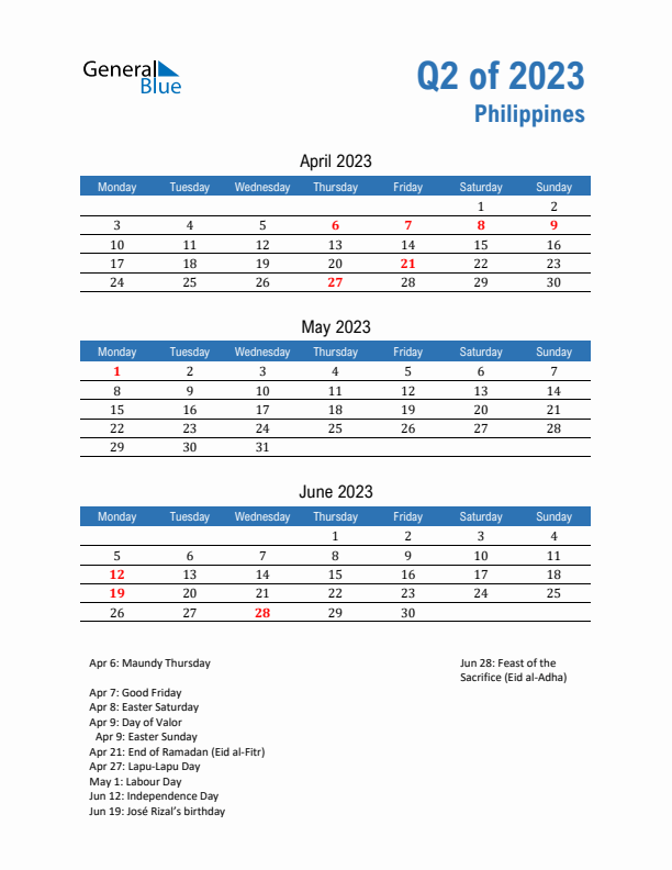 Philippines 2023 Quarterly Calendar with Monday Start