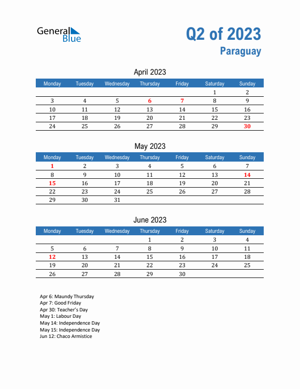 Paraguay 2023 Quarterly Calendar with Monday Start
