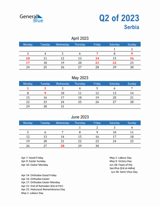 Serbia 2023 Quarterly Calendar with Monday Start