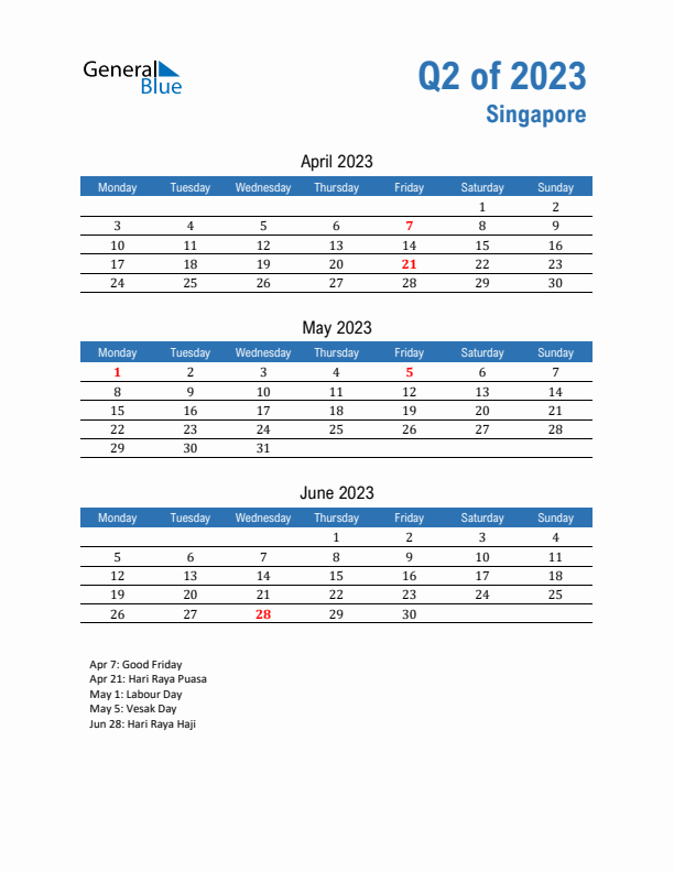 Singapore 2023 Quarterly Calendar with Monday Start