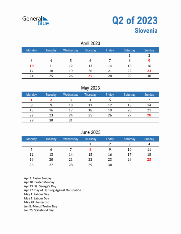 Slovenia 2023 Quarterly Calendar with Monday Start
