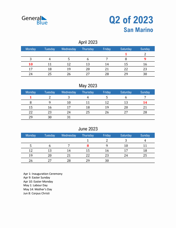 San Marino 2023 Quarterly Calendar with Monday Start