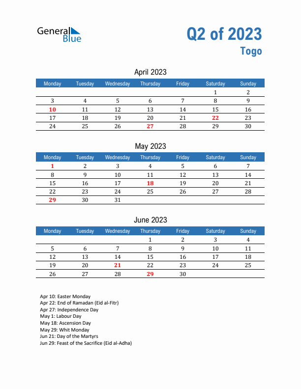 Togo 2023 Quarterly Calendar with Monday Start