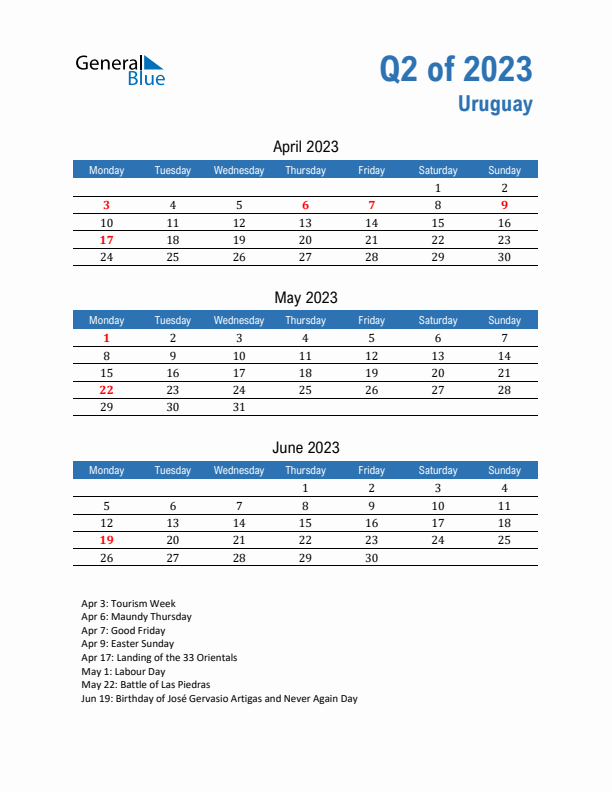 Uruguay 2023 Quarterly Calendar with Monday Start