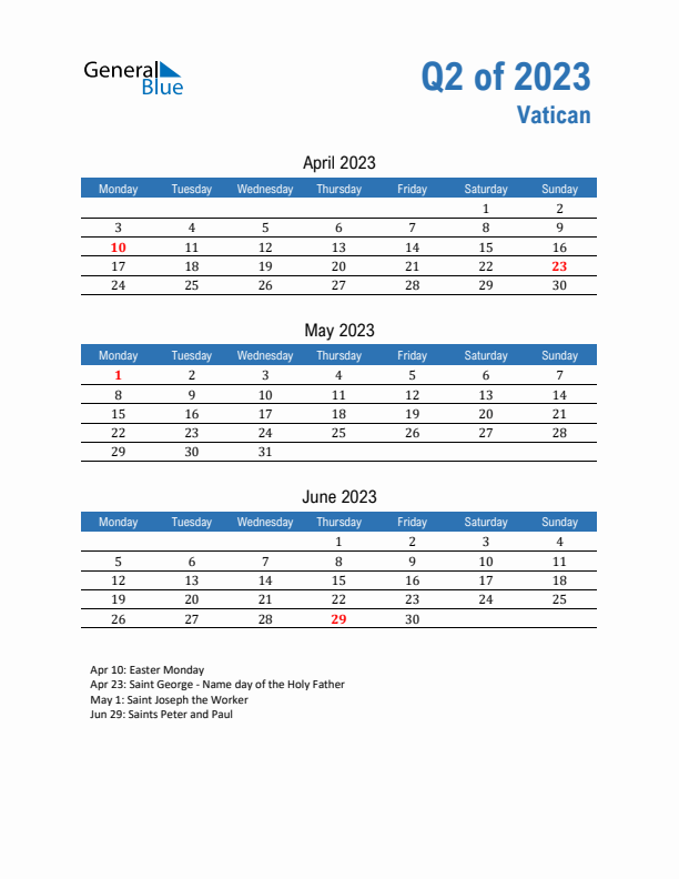 Vatican 2023 Quarterly Calendar with Monday Start
