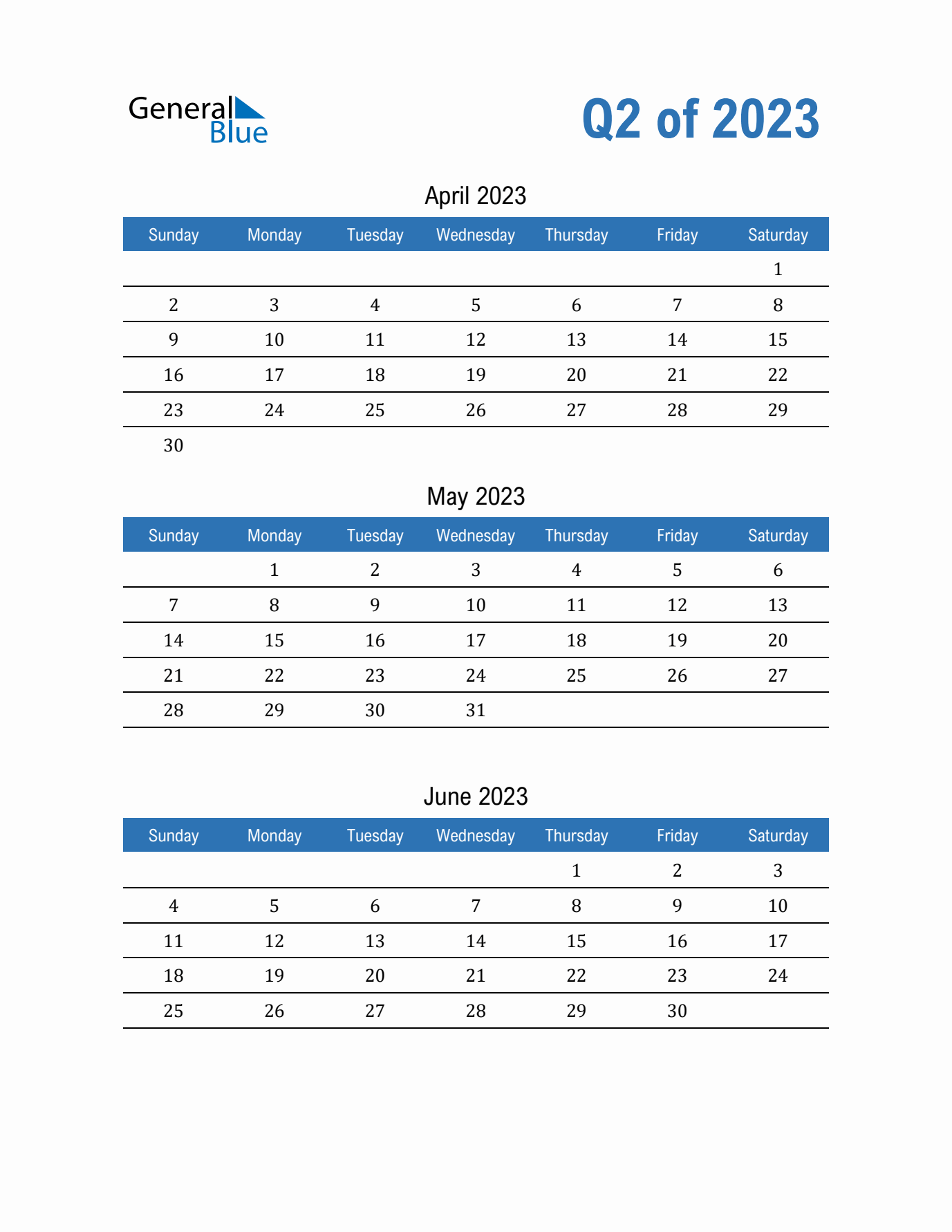 Q2 Quarterly Calendar 2023 in PDF Word Excel