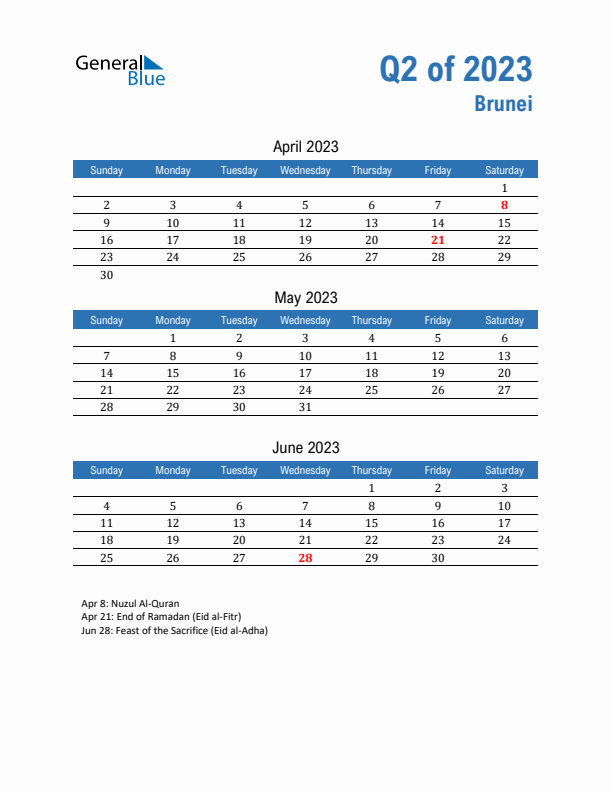 Brunei 2023 Quarterly Calendar with Sunday Start