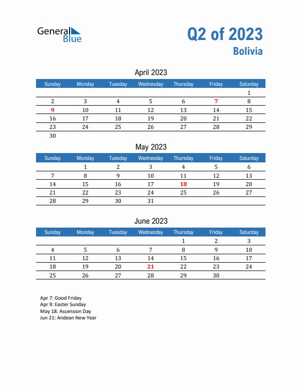 Bolivia 2023 Quarterly Calendar with Sunday Start