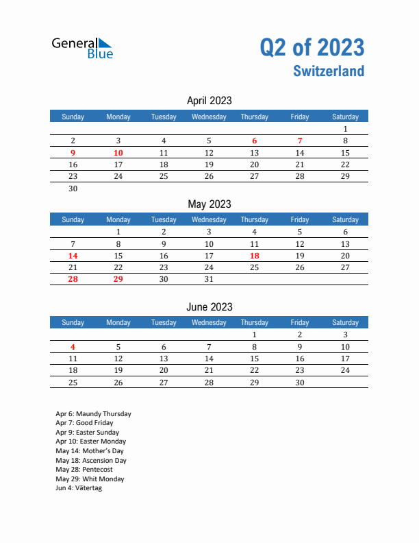 Switzerland 2023 Quarterly Calendar with Sunday Start