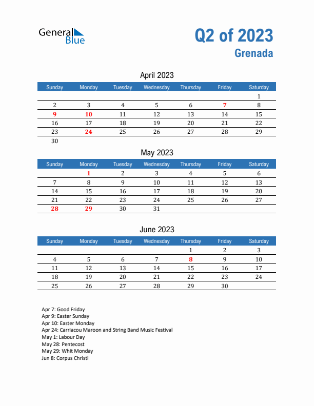 Grenada 2023 Quarterly Calendar with Sunday Start