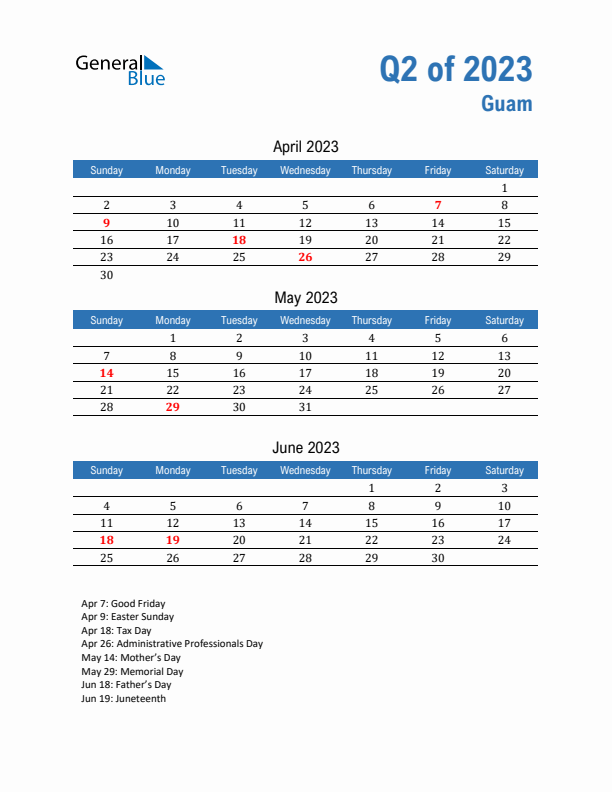 Guam 2023 Quarterly Calendar with Sunday Start