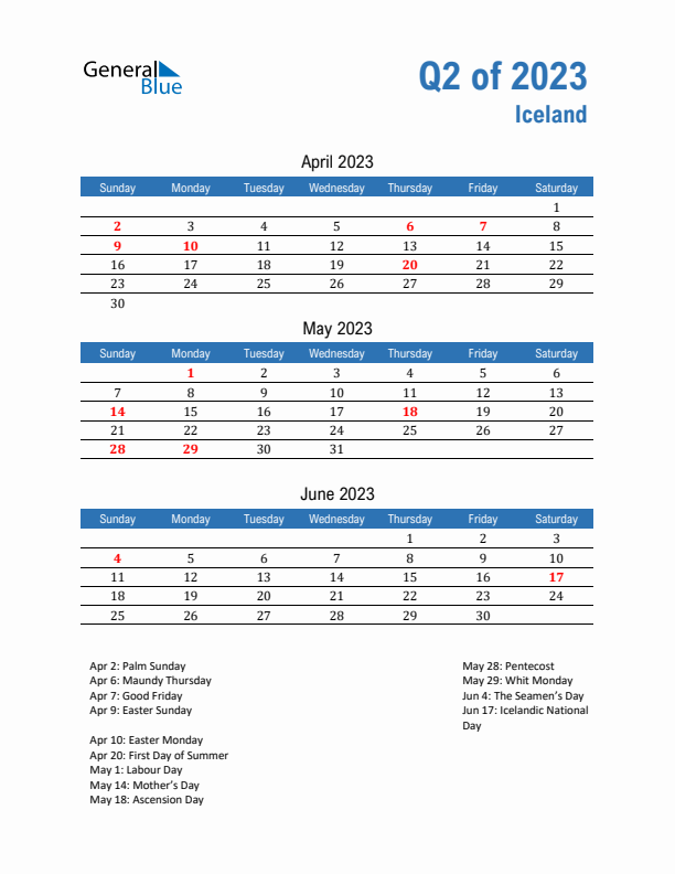 Iceland 2023 Quarterly Calendar with Sunday Start