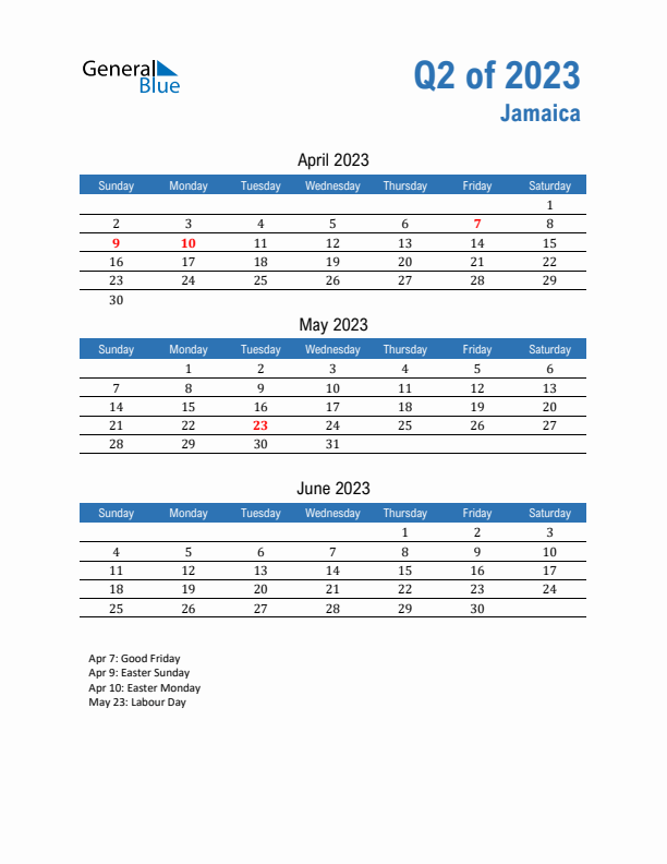 Jamaica 2023 Quarterly Calendar with Sunday Start