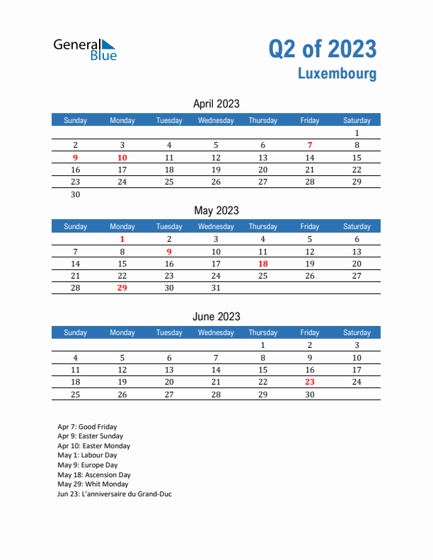 Luxembourg 2023 Quarterly Calendar with Sunday Start