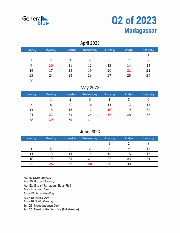 Madagascar 2023 Quarterly Calendar with Sunday Start