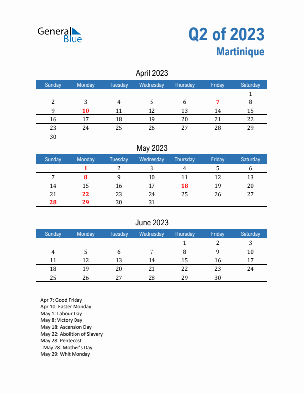 Martinique 2023 Quarterly Calendar with Sunday Start
