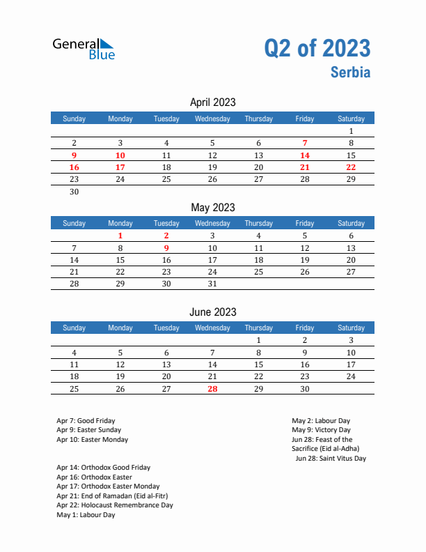 Serbia 2023 Quarterly Calendar with Sunday Start