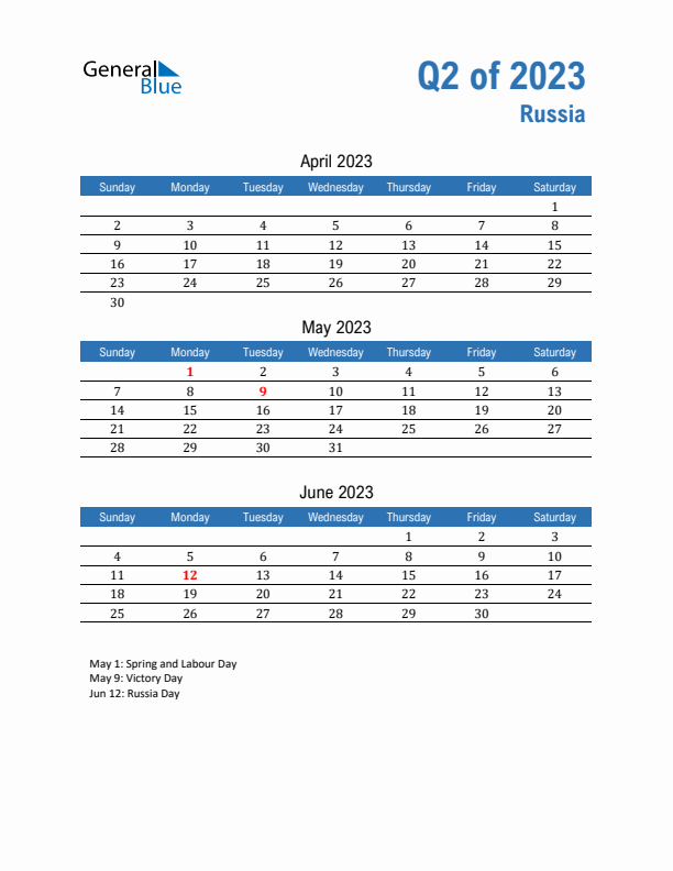 Russia 2023 Quarterly Calendar with Sunday Start