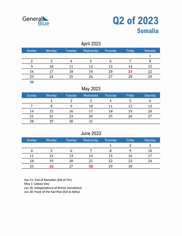 Somalia 2023 Quarterly Calendar with Sunday Start