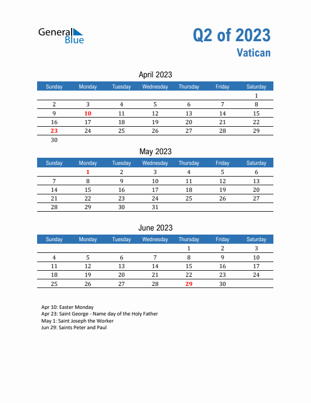Vatican 2023 Quarterly Calendar with Sunday Start