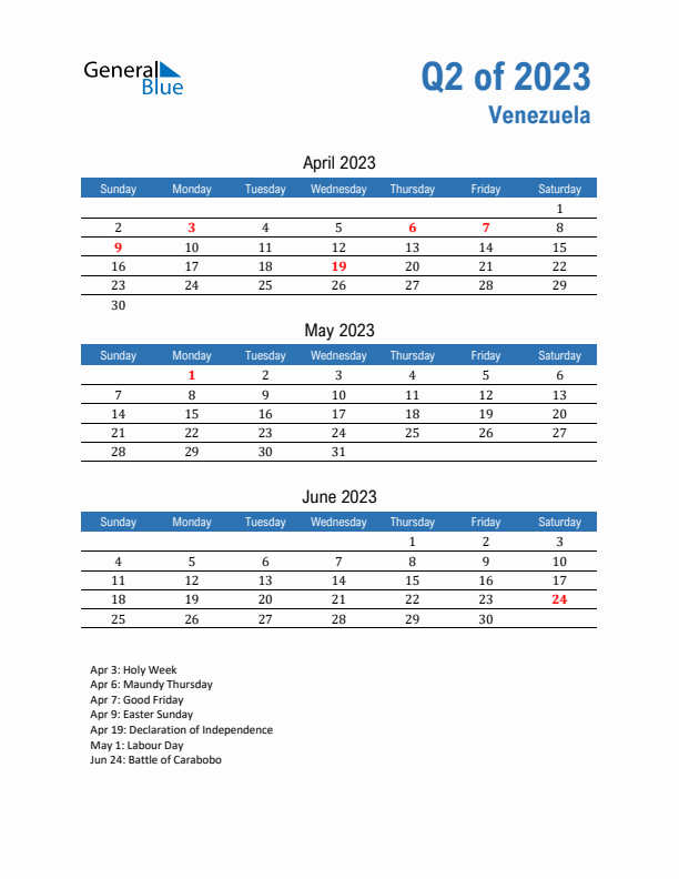 Venezuela 2023 Quarterly Calendar with Sunday Start