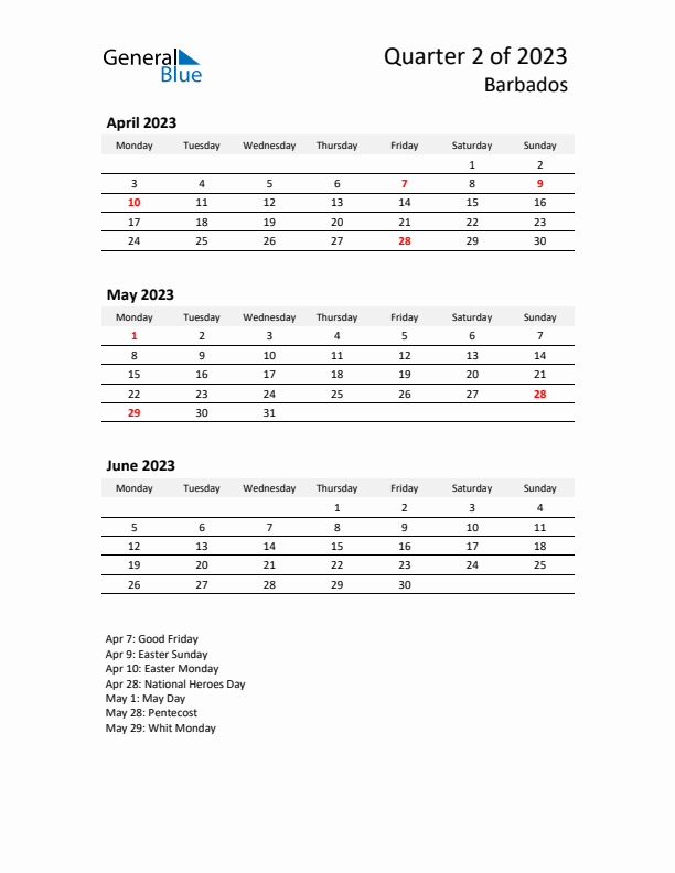2023 Three-Month Calendar for Barbados