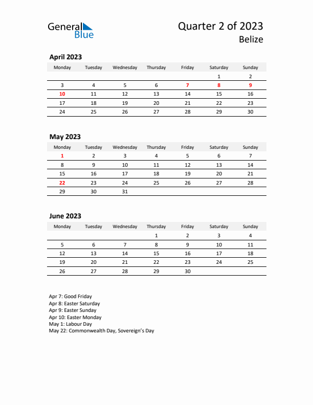 2023 Three-Month Calendar for Belize