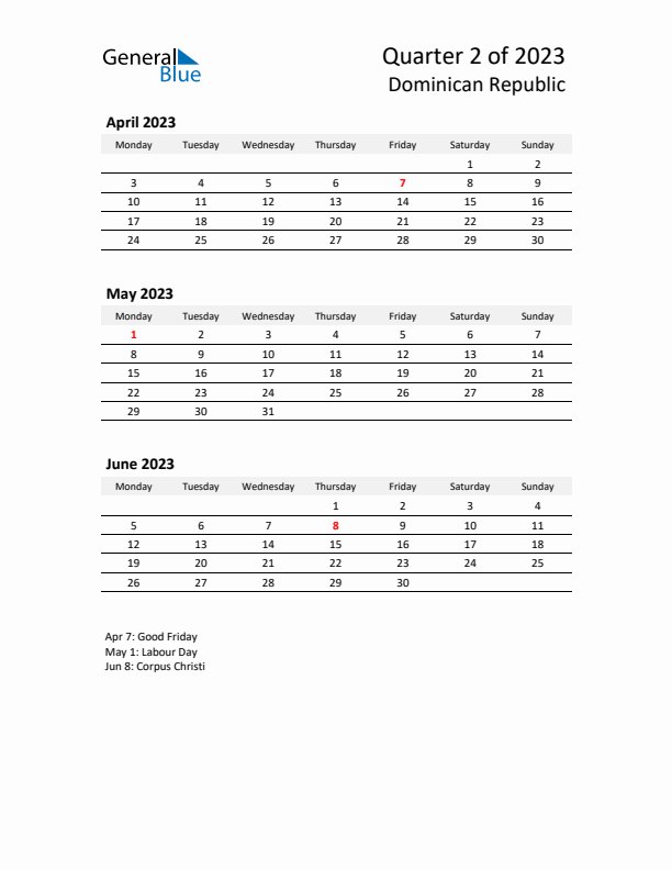 2023 Three-Month Calendar for Dominican Republic