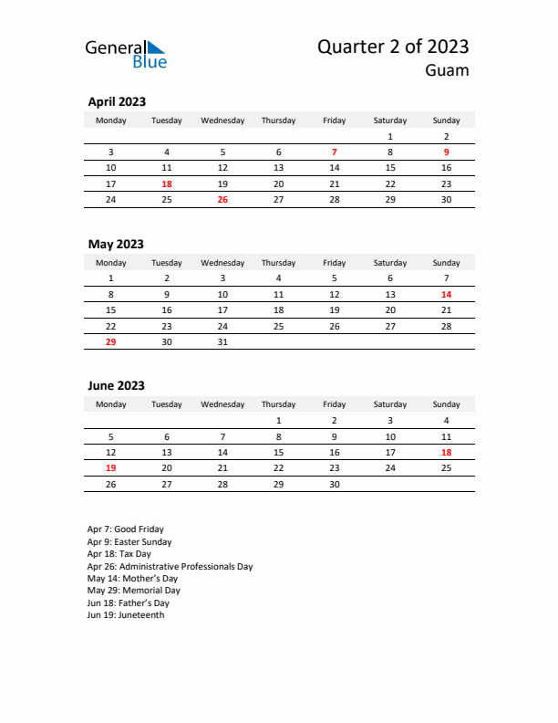 2023 Three-Month Calendar for Guam