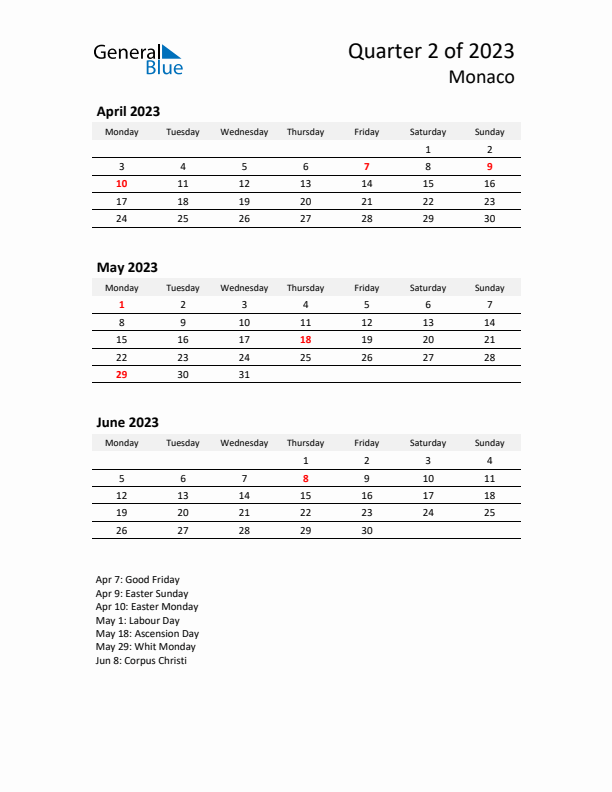 2023 Three-Month Calendar for Monaco