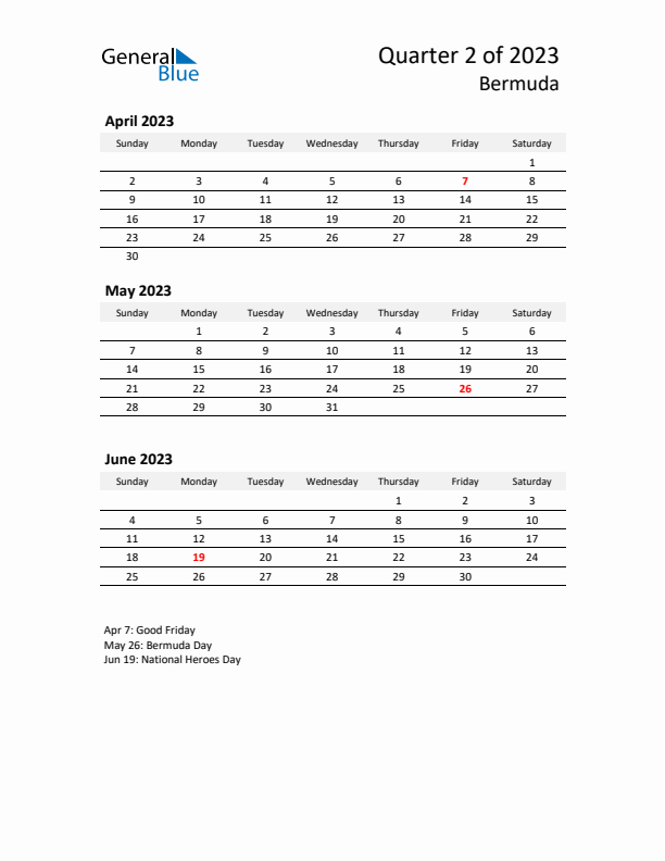 2023 Three-Month Calendar for Bermuda