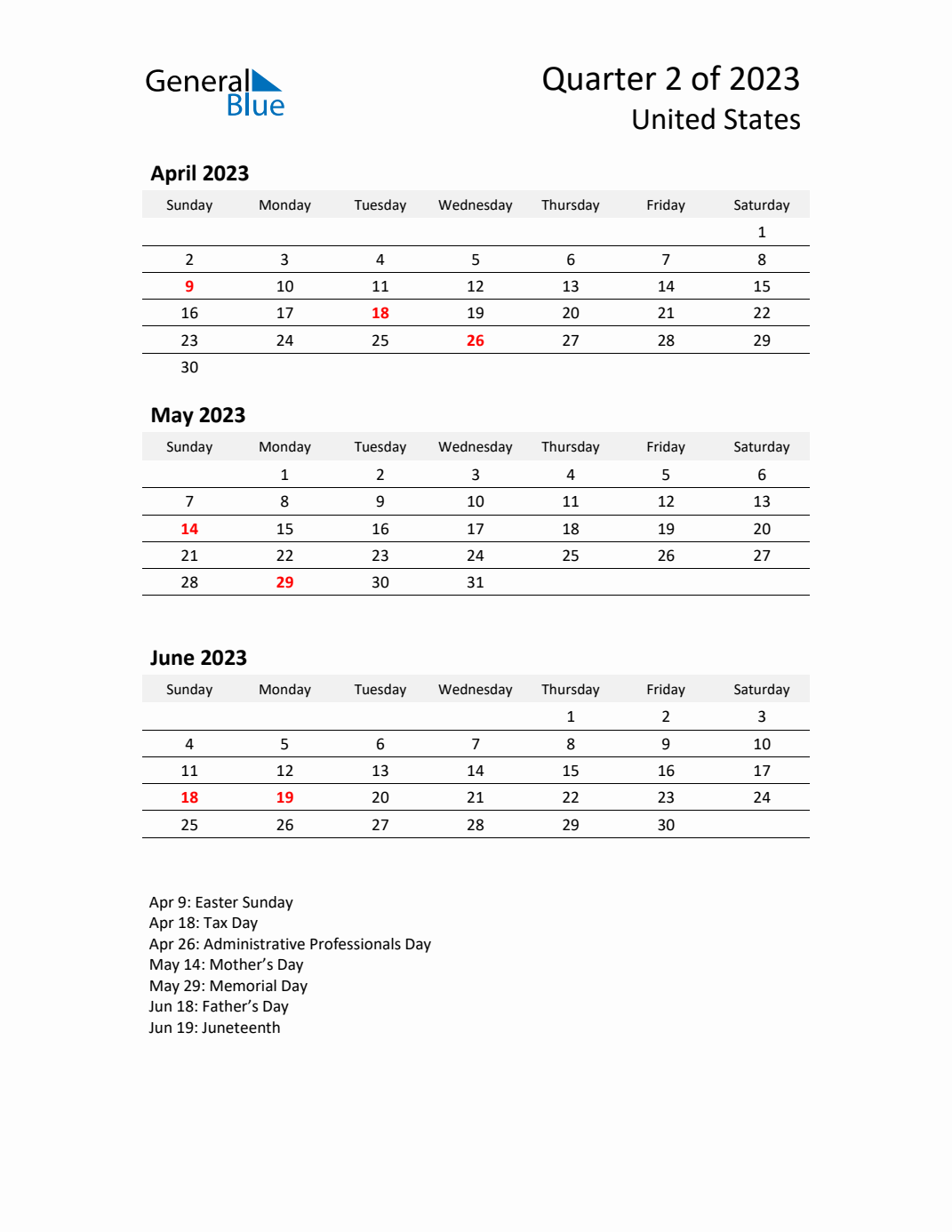 Q2 2023 Quarterly Calendar with United States Holidays (PDF, Excel, Word)